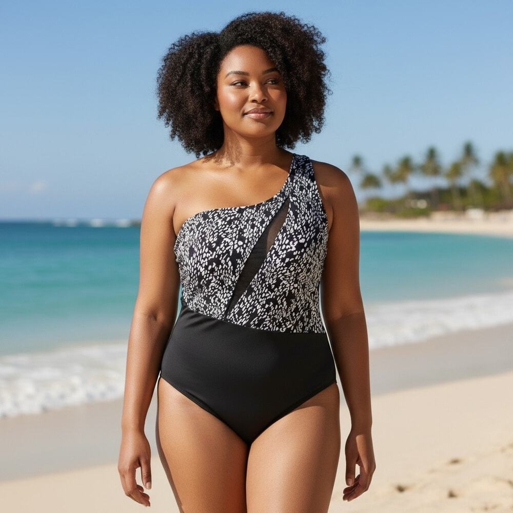 Swimsuits for All Uproar One Shoulder Mesh One Piece Swimsuit  Sz 14 Black White